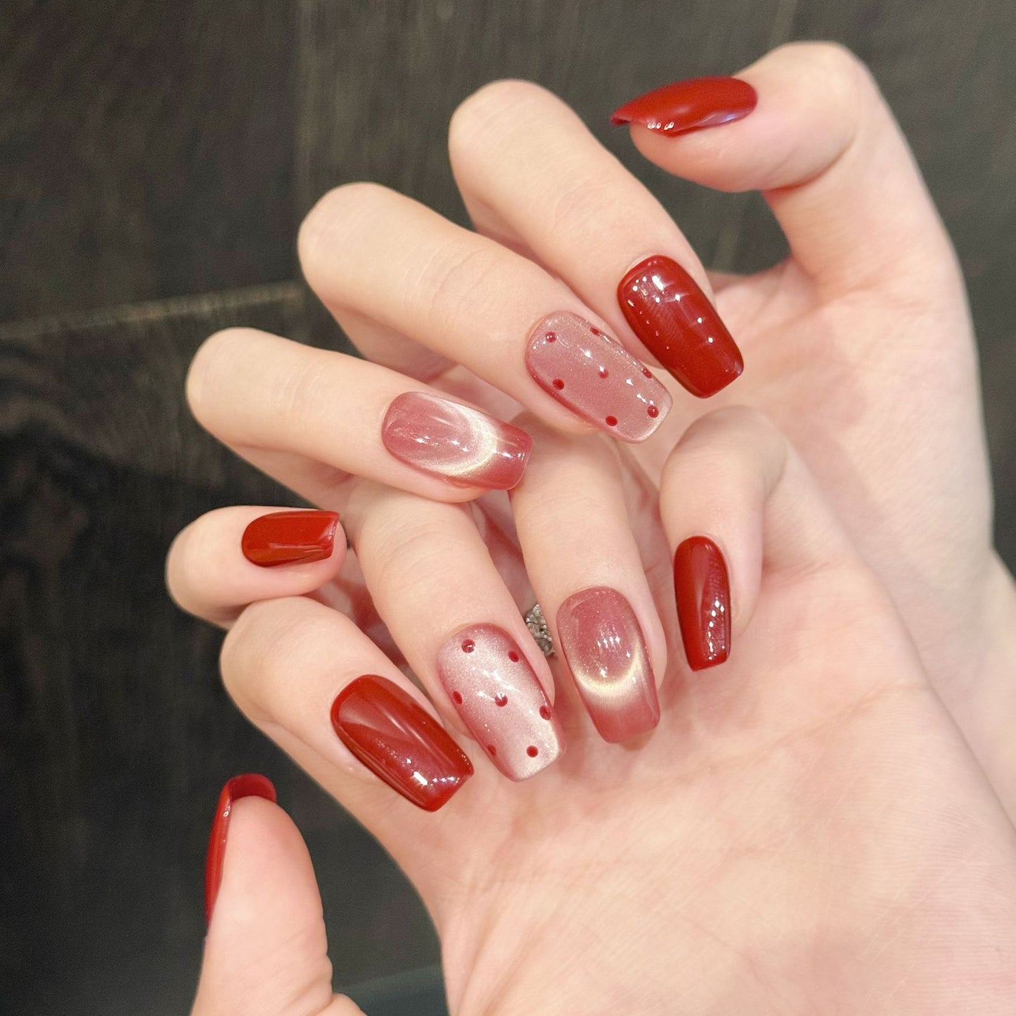 Red Premium Polka Dot Cat Eye, Skin-Flattering & Minimalist Short Style New Year Nails