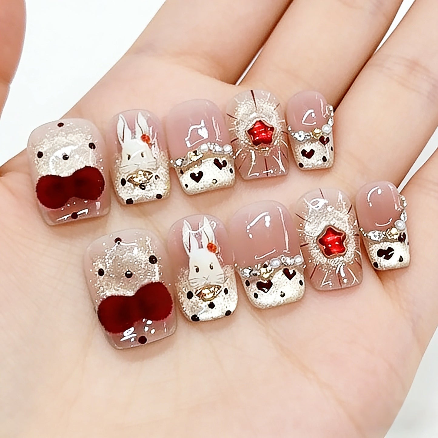Handmade Phototherapy Wearable Nails, Cute Velvet Rabbit Design, Wholesale Finished Products, Reusable Patches