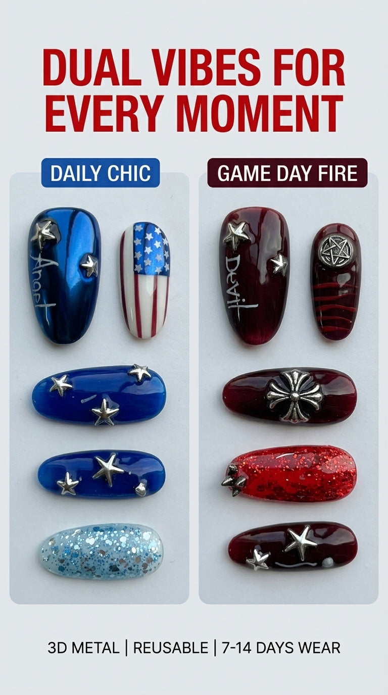 Devil & Angel 2026 World Cup Press On Nails | 3D Metal Dual Personality Reusable Acrylic Nails