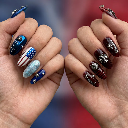 Devil & Angel 2026 World Cup Press On Nails | 3D Metal Dual Personality Reusable Acrylic Nails